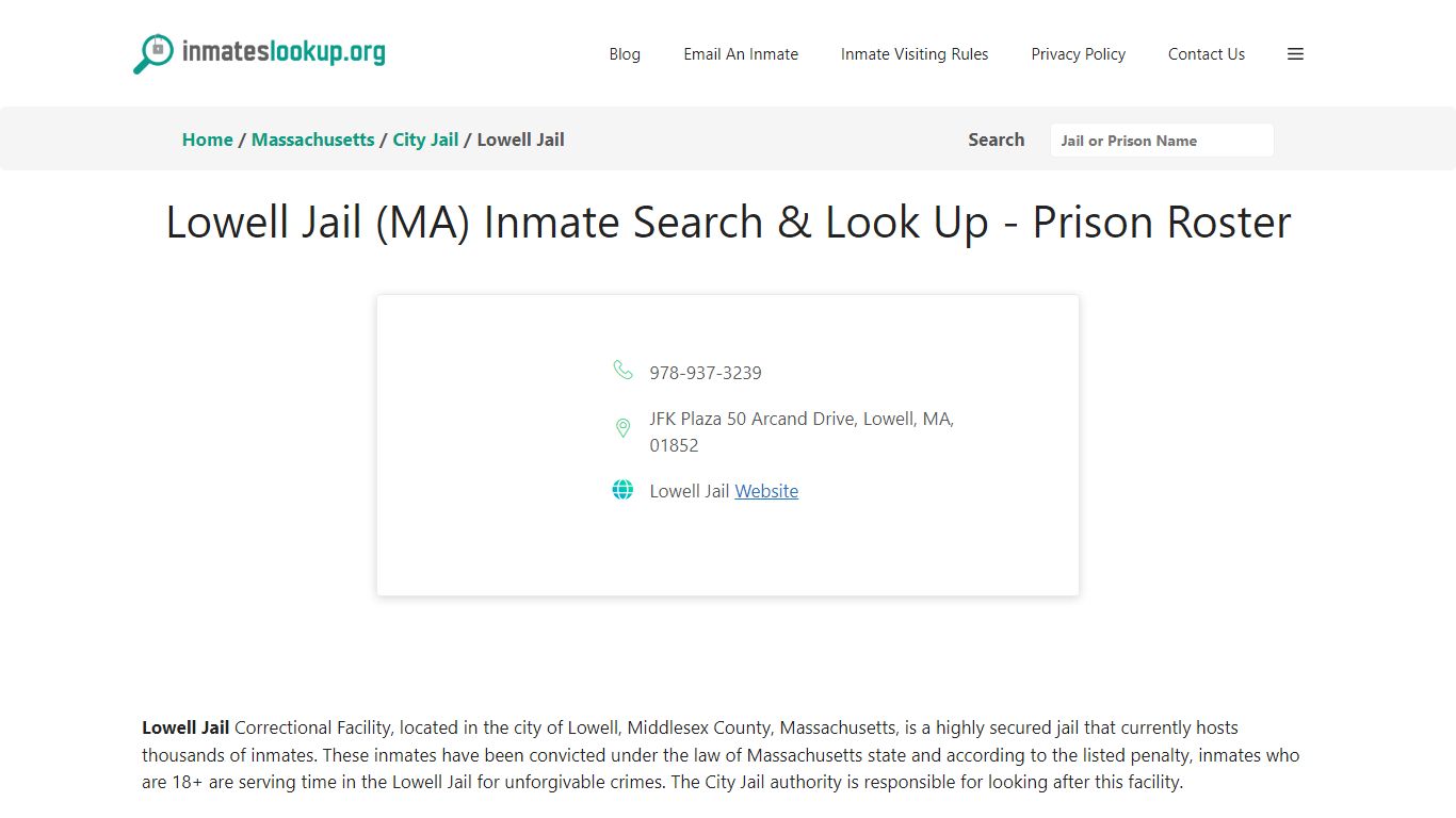 Lowell Jail (MA) Inmate Search & Look Up - Prison Roster