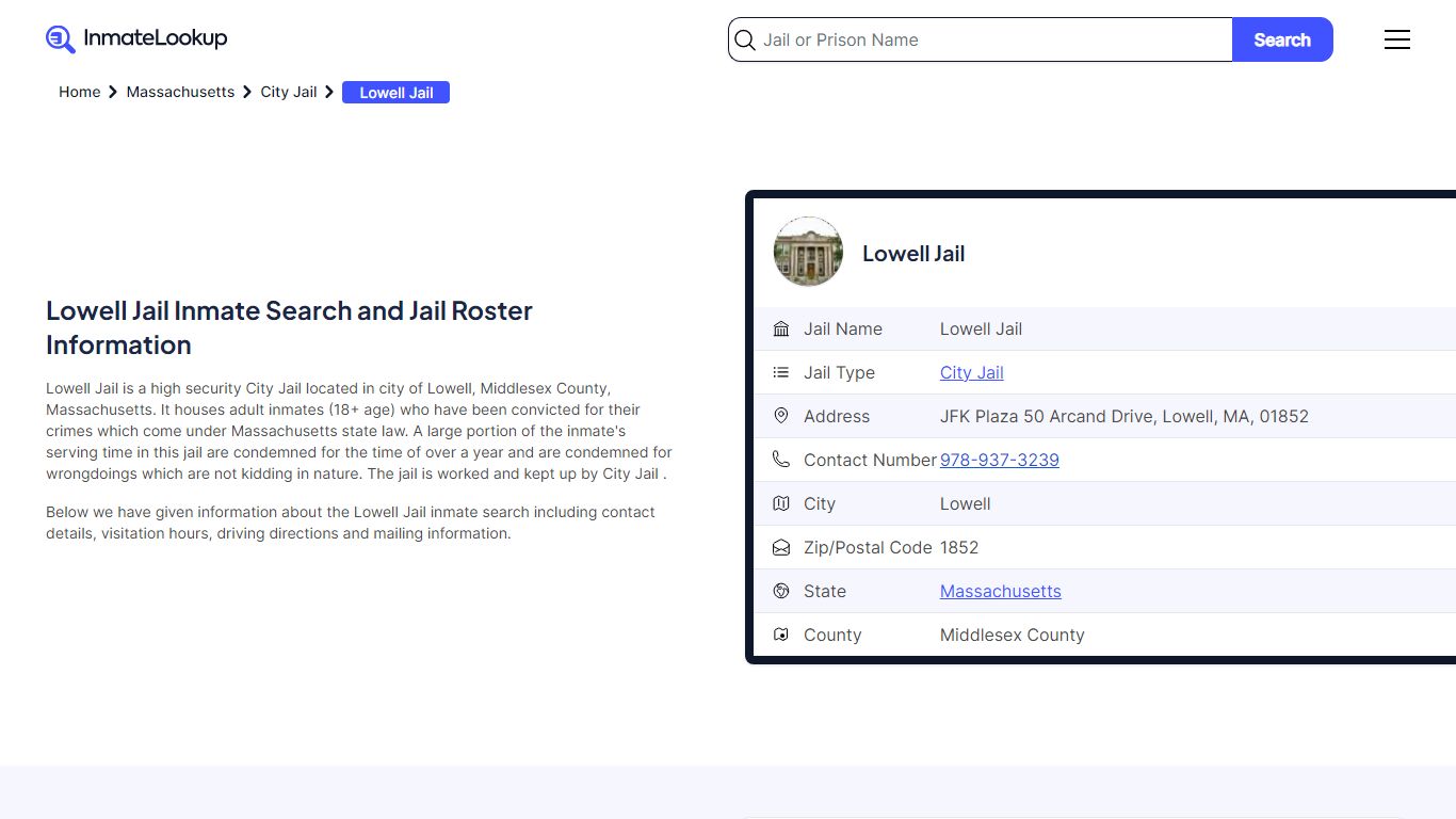 Lowell Jail Inmate Search and Jail Roster Information